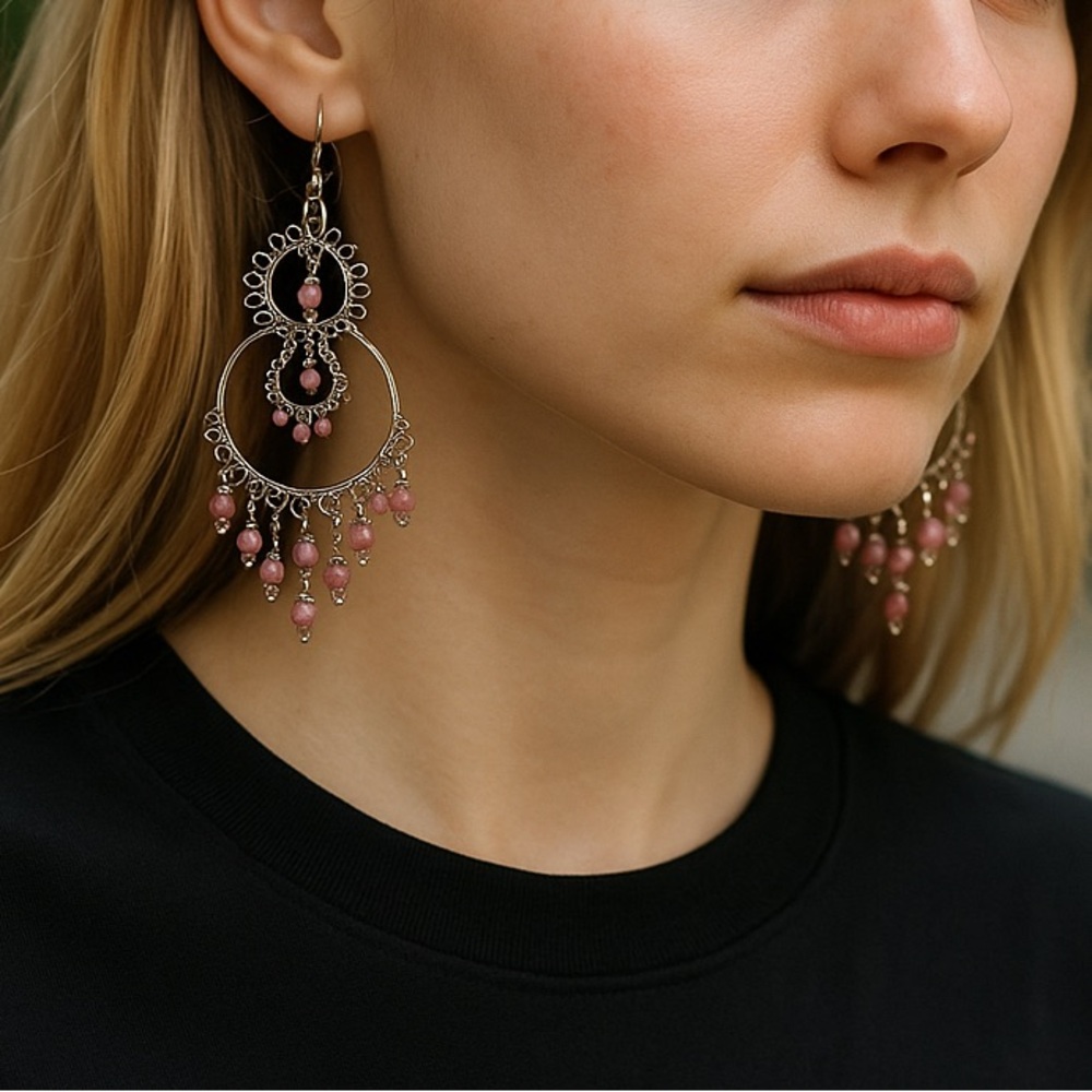 Long pink gypsy design earrings silver tone